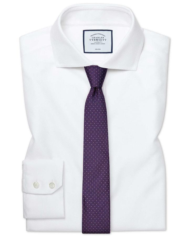  Extra Slim Fit Cutaway Collar Non-iron Buckingham Weave White Cotton Dress Shirt Single Cuff Size 14.5/32 By Charles Tyrwhitt