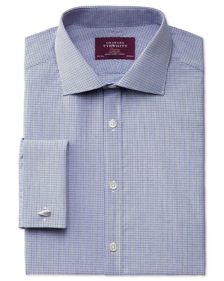 Charles Tyrwhitt Charles Tyrwhitt Slim Fit Semi-spread Collar Luxury Poplin Navy And Blue Cotton Dress Shirt Size 15/35