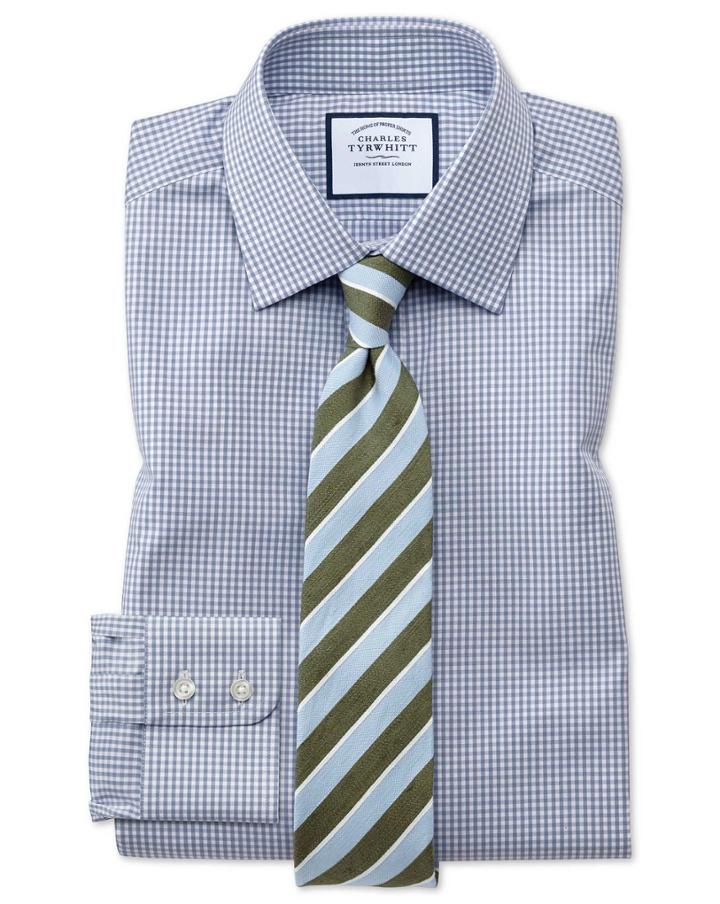 Charles Tyrwhitt Extra Slim Fit Small Gingham Grey Cotton Dress Shirt Single Cuff Size 14.5/32 By Charles Tyrwhitt