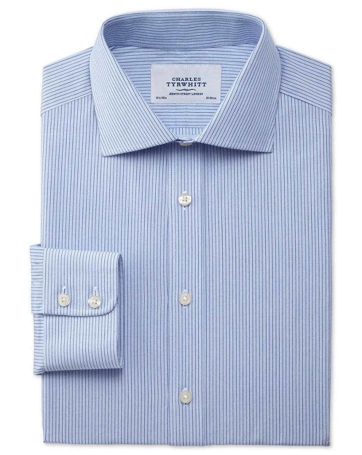 Charles Tyrwhitt Slim Fit Semi-spread Collar Stretch Stripe Blue Cotton Dress Casual Shirt Single Cuff Size 17.5/36 By Charles Tyrwhitt