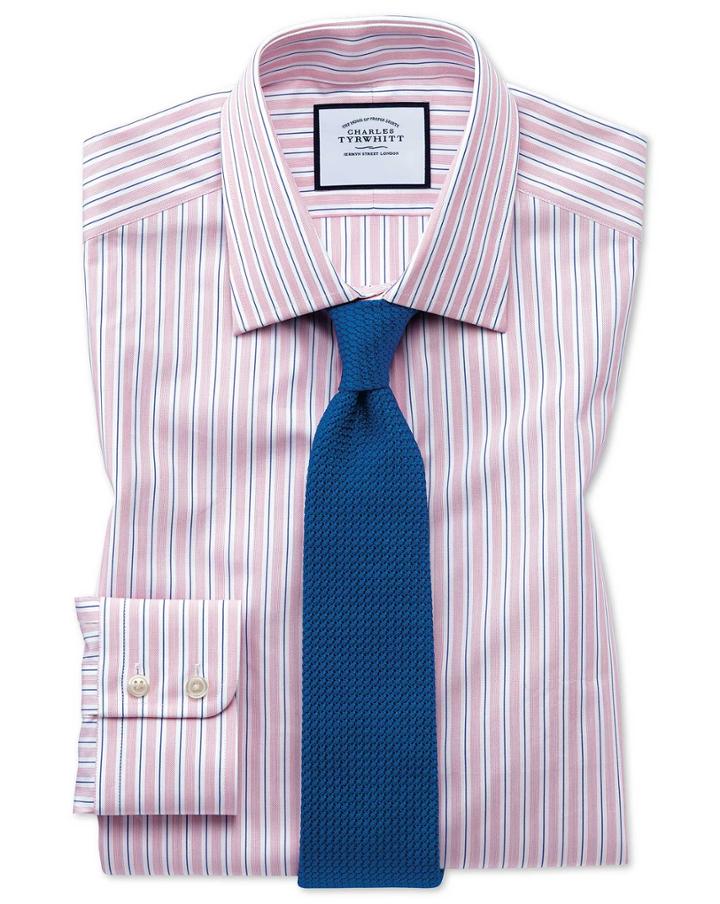  Classic Fit Egyptian Cotton Poplin Pink Stripe Dress Shirt Single Cuff Size 15.5/35 By Charles Tyrwhitt
