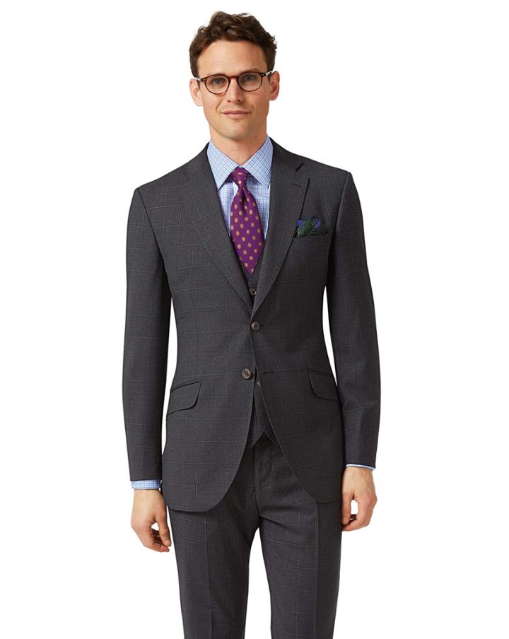  Grey Check Slim Fit Italian Suit Wool Jacket Size 38 By Charles Tyrwhitt
