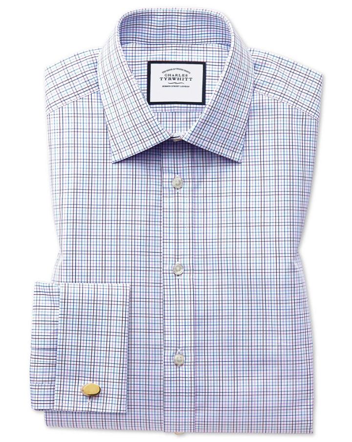  Extra Slim Fit Purple Multi Check Egyptian Cotton Dress Shirt French Cuff Size 14.5/32 By Charles Tyrwhitt