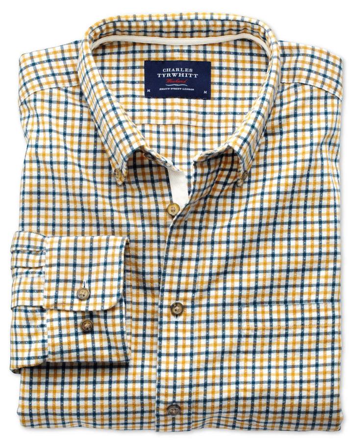 Charles Tyrwhitt Charles Tyrwhitt Extra Slim Fit Gold And Blue Check Brushed Dobby Cotton Dress Shirt Size Xs