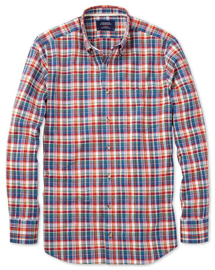 Charles Tyrwhitt Classic Fit Orange And Blue Check Cotton/linen Casual Shirt Single Cuff Size Large By Charles Tyrwhitt