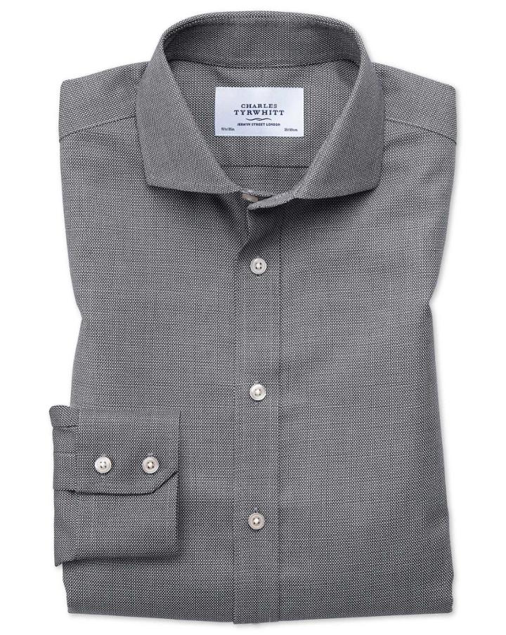 Charles Tyrwhitt Slim Fit Spread Collar Non-iron Textured Black And White Cotton Dress Casual Shirt Single Cuff Size 14.5/33 By Charles Tyrwhitt