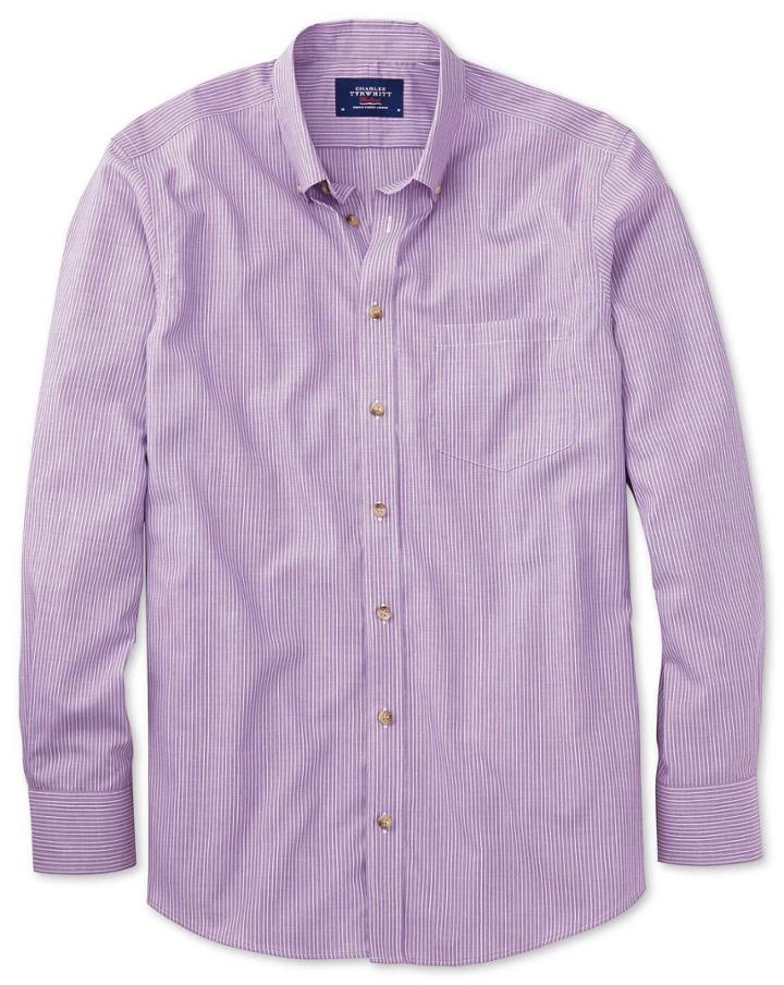 Charles Tyrwhitt Charles Tyrwhitt Extra Slim Fit Non-iron Poplin Lilac Stripe Cotton Dress Shirt Size Large