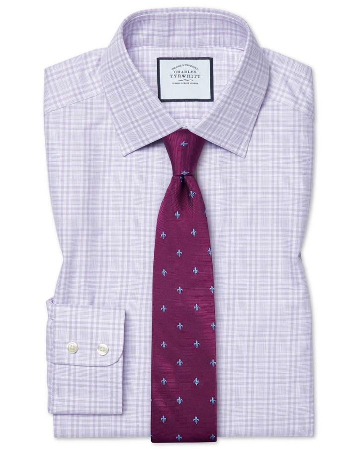  Slim Fit Brushed-back Basketweave Lilac Check Cotton Dress Shirt Single Cuff Size 14.5/33 By Charles Tyrwhitt