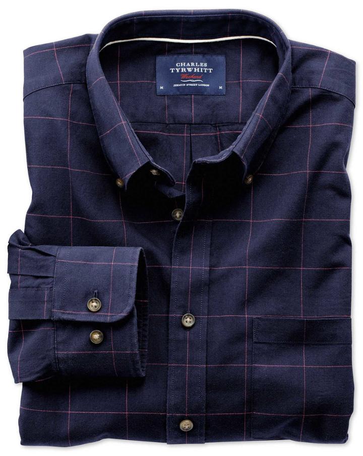 Charles Tyrwhitt Charles Tyrwhitt Classic Fit Navy And Pink Check Tweed Look Cotton Dress Shirt Size Medium