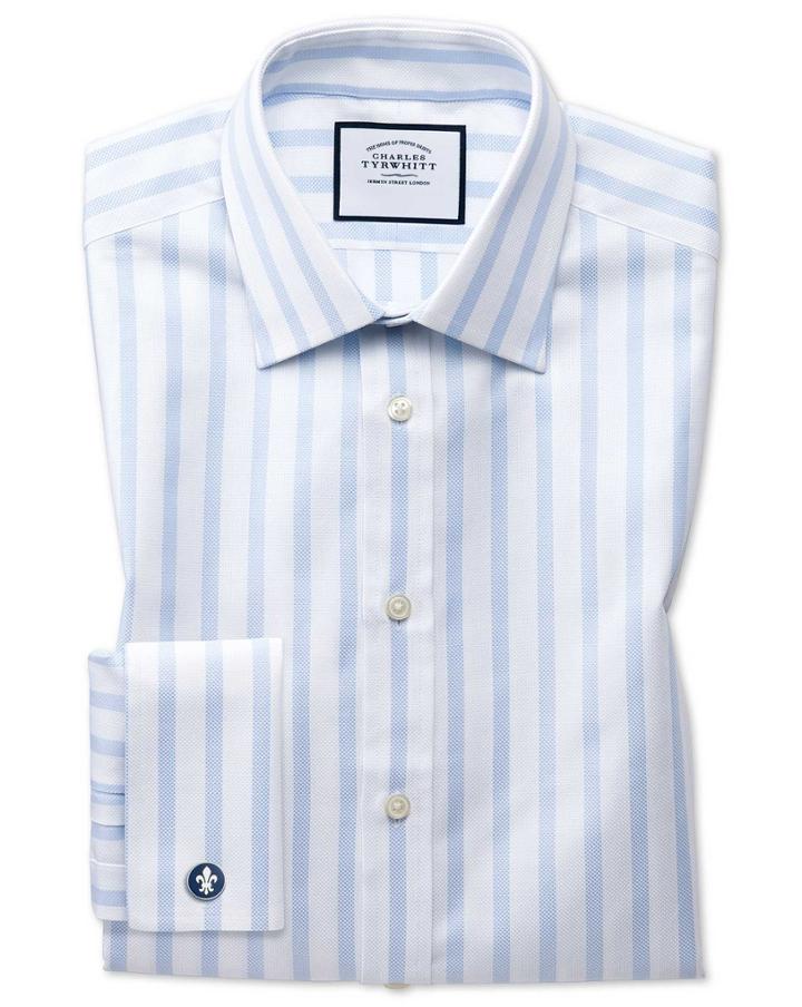  Classic Fit Egyptian Cotton Royal Oxford Sky Blue Stripe Dress Shirt French Cuff Size 15.5/33 By Charles Tyrwhitt