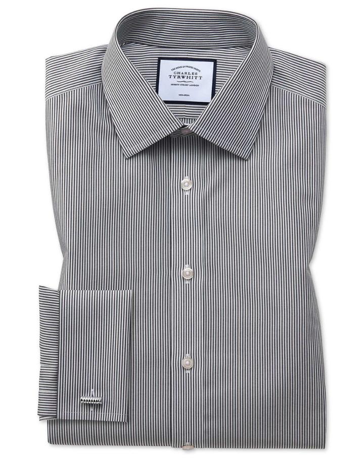  Slim Fit Non-iron Black Bengal Stripe Cotton Dress Shirt Single Cuff Size 14.5/32 By Charles Tyrwhitt