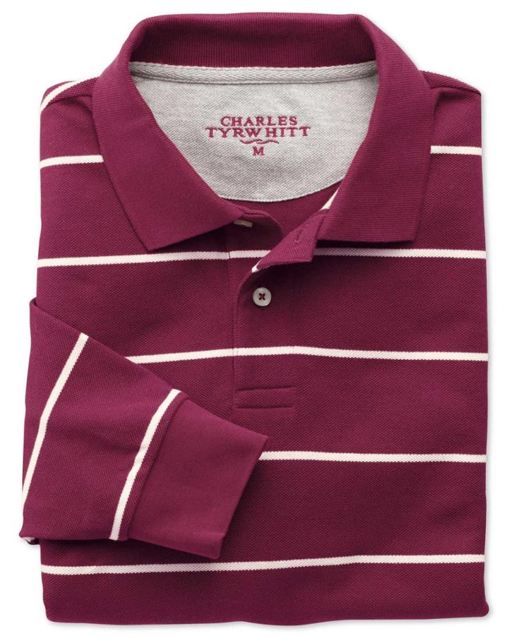 Charles Tyrwhitt Charles Tyrwhitt Wine And White Stripe Pique Long Sleeve Cotton Polo Size Xl