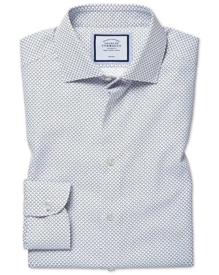  Extra Slim Fit Non-iron Geo Print Blue Cotton Dress Shirt Single Cuff Size 14.5/32 By Charles Tyrwhitt