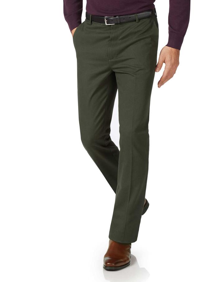  Dark Green Slim Fit Flat Front Non-iron Cotton Chino Pants Size W30 L30 By Charles Tyrwhitt