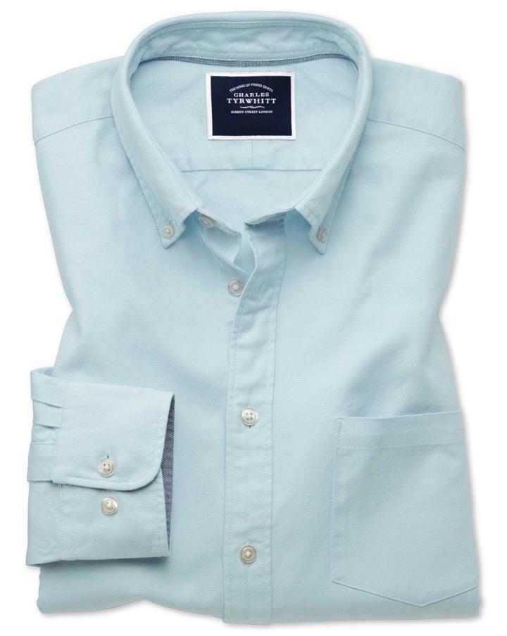 Slim Fit Light Green Plain Button-down Washed Oxford Cotton Casual Shirt Single Cuff Size Medium By Charles Tyrwhitt
