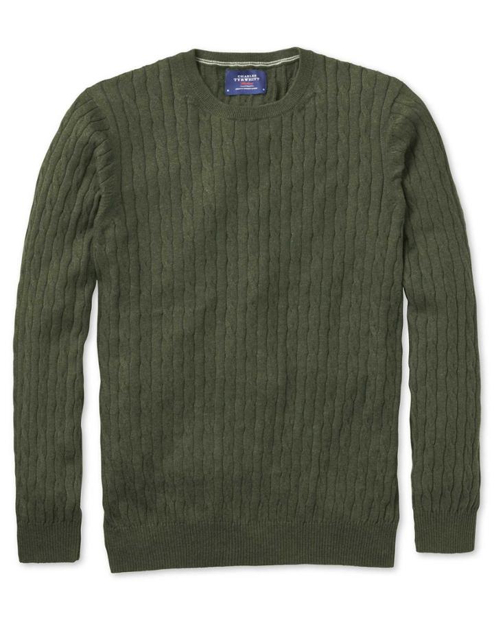  Forest Green Cotton Cashmere Cable Crew Neck Cotton/cashmere Sweater Size Small By Charles Tyrwhitt