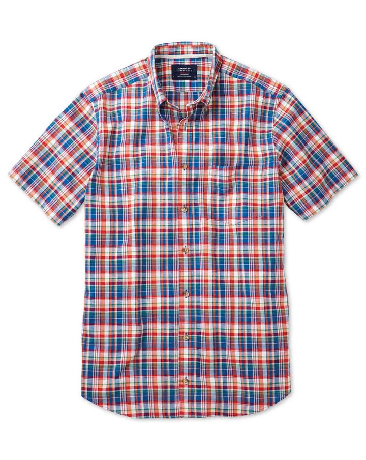 Charles Tyrwhitt Classic Fit Short Sleeve Orange And Blue Check Cotton Casual Shirt Single Cuff Size Large By Charles Tyrwhitt