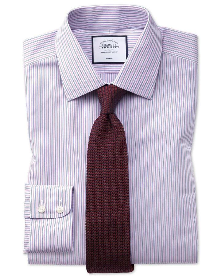  Slim Fit Non-iron Lilac And Blue Multi Stripe Cotton Dress Shirt French Cuff Size 16/35 By Charles Tyrwhitt