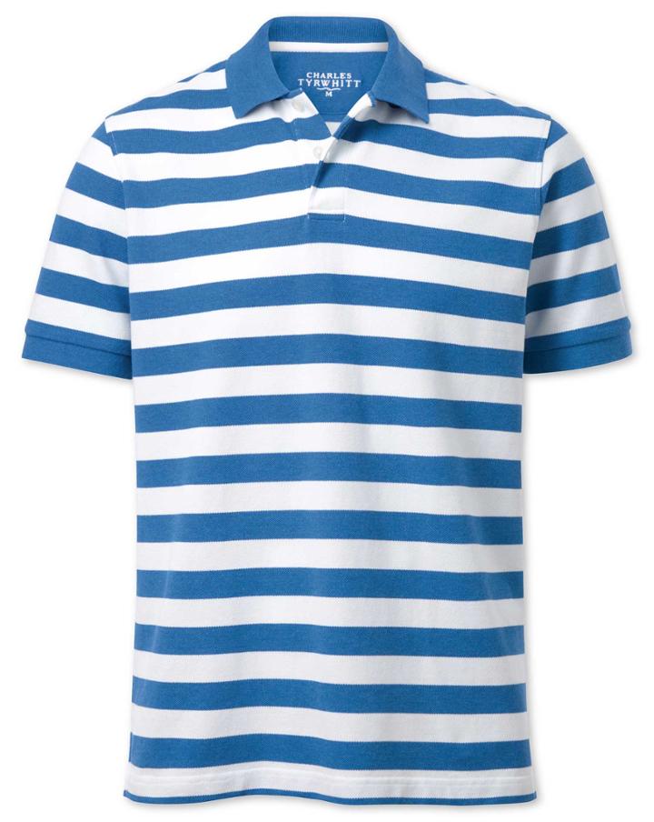  Blue And White Stripe Melange Pique Cotton Polo Size Large By Charles Tyrwhitt