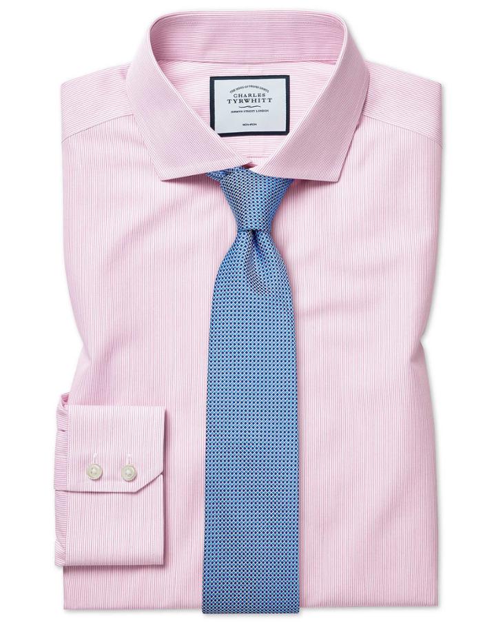  Extra Slim Fit Non-iron Tyrwhitt Cool Poplin Pink Stripe Cotton Dress Shirt Single Cuff Size 15/32 By Charles Tyrwhitt