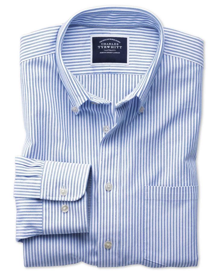 Charles Tyrwhitt Slim Fit Button-down Washed Oxford White And Blue Stripe Cotton Casual Shirt Single Cuff Size Large By Charles Tyrwhitt