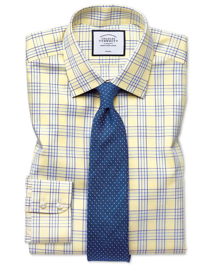  Slim Fit Non-iron Prince Of Wales Yellow Cotton Dress Shirt French Cuff Size 14.5/33 By Charles Tyrwhitt