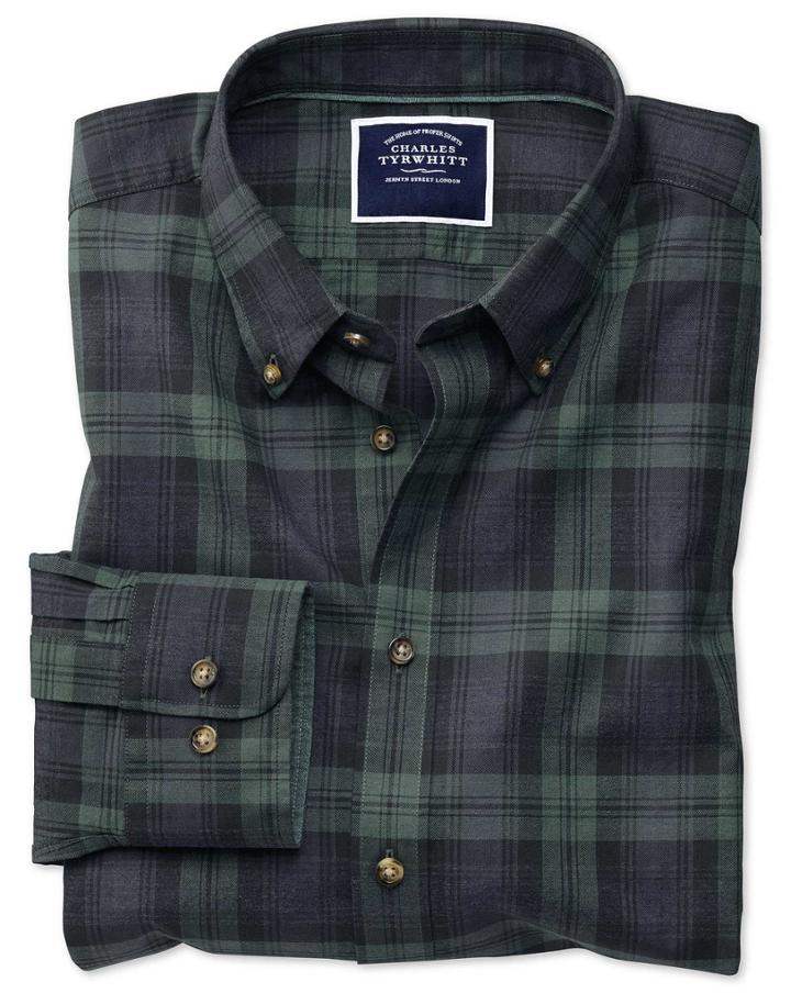  Extra Slim Fit Navy And Green Check Herringbone Melange Cotton Casual Shirt Single Cuff Size Small By Charles Tyrwhitt