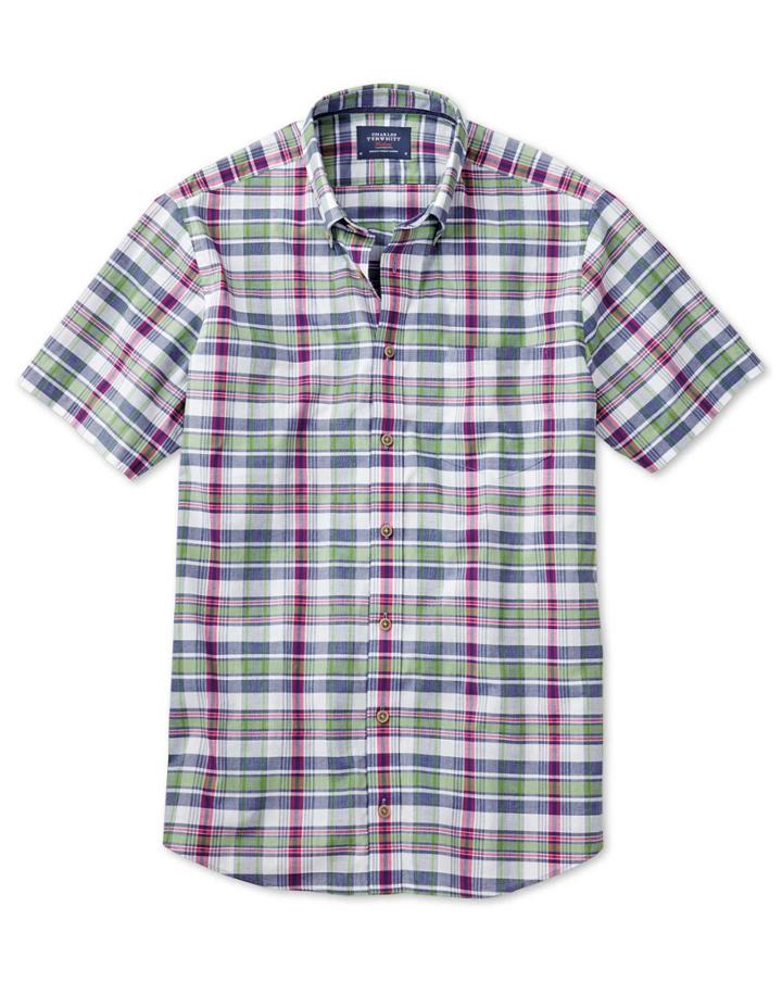 Charles Tyrwhitt Charles Tyrwhitt Slim Fit Poplin Short Sleeve Pink And Green Check Cotton Dress Shirt Size Medium