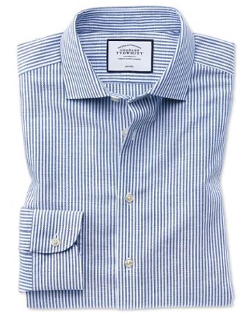  Slim Fit Business Casual Non-iron Cotton Linen Blue And White Stripe Dress Shirt Single Cuff Size 15.5/34 By Charles Tyrwhitt