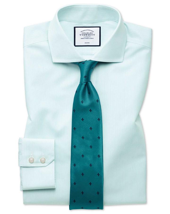  Extra Slim Fit Non-iron Tyrwhitt Cool Poplin Aqua Stripe Cotton Dress Shirt Single Cuff Size 14.5/33 By Charles Tyrwhitt