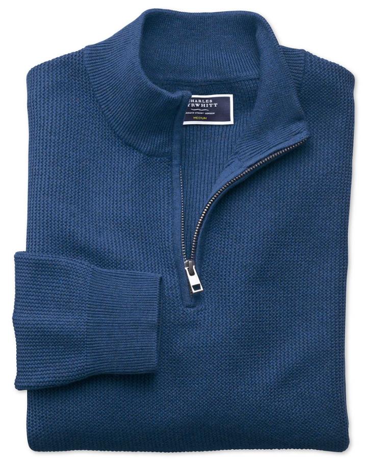Charles Tyrwhitt Blue Pima Cotton Textured Zip Neck Sweater Size Medium By Charles Tyrwhitt