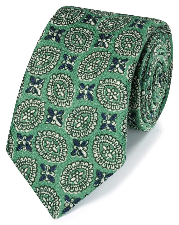 Green Motif Print Luxury Italian Cotton Linen Tie By Charles Tyrwhitt