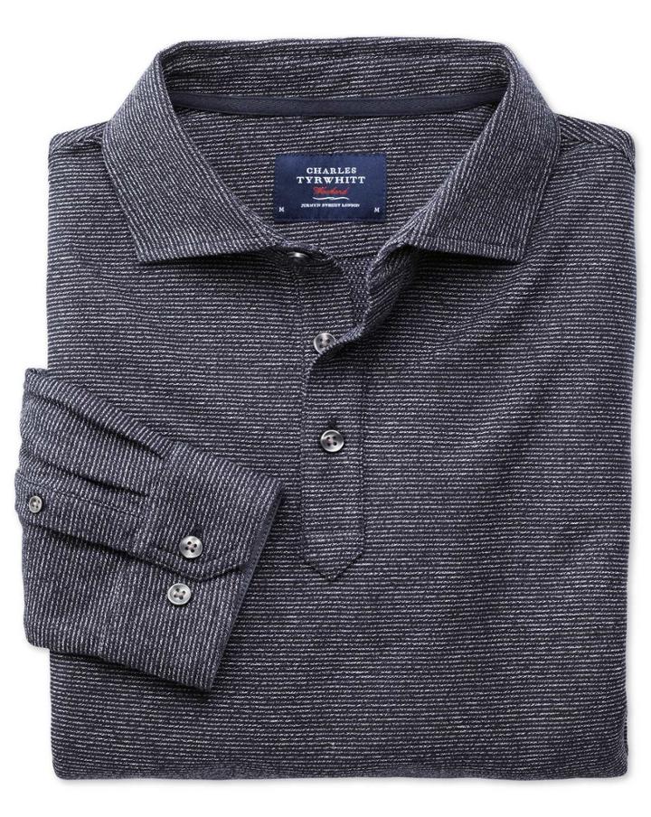 Charles Tyrwhitt Navy And White Stripe Long Sleeve Cotton Polo Size Large By Charles Tyrwhitt