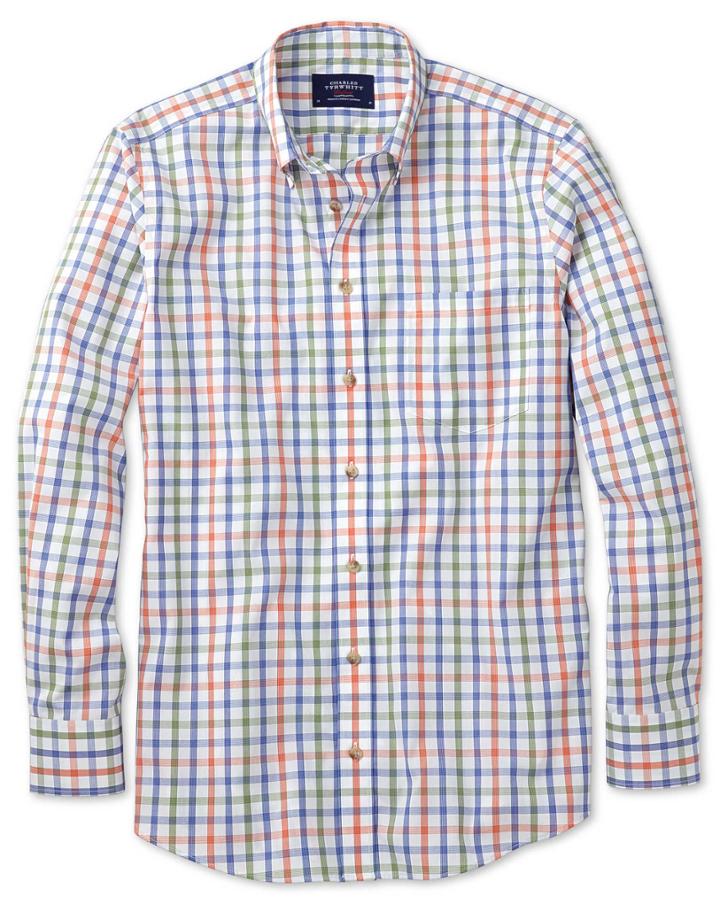Charles Tyrwhitt Extra Slim Fit Non-iron Poplin Green And Orange Check Cotton Casual Shirt Single Cuff Size Large By Charles Tyrwhitt