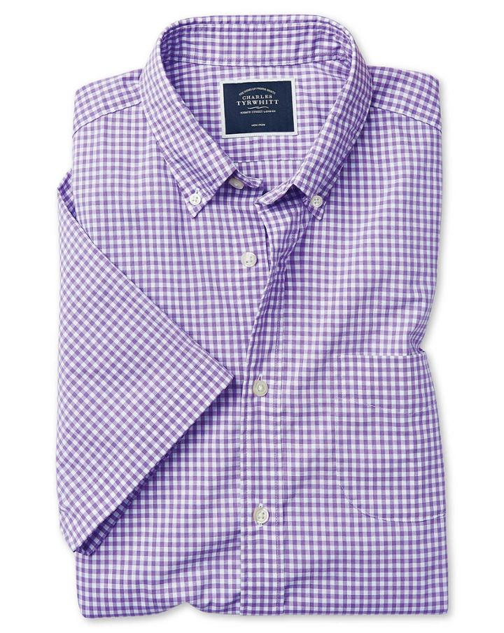  Slim Fit Lilac Short Sleeve Gingham Soft Washed Non-iron Stretch Poplin Cotton Casual Shirt Single Cuff Size Large By Charles Tyrwhitt