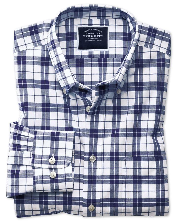  Slim Fit Poplin Navy And White Cotton Casual Shirt Single Cuff Size Xs By Charles Tyrwhitt