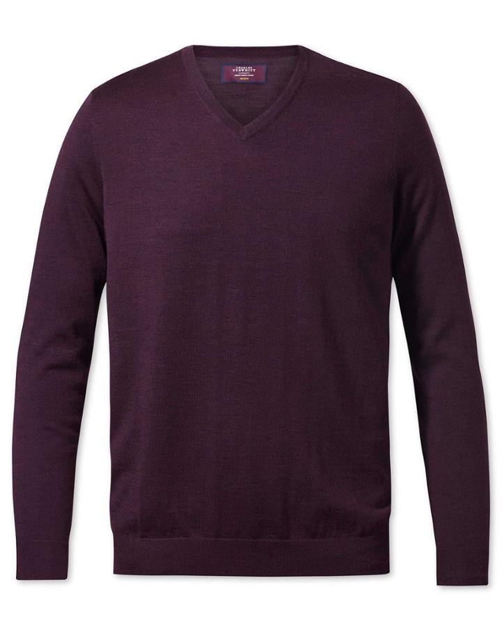  Wine V-neck Merino-silk Wool Sweater Size Large By Charles Tyrwhitt