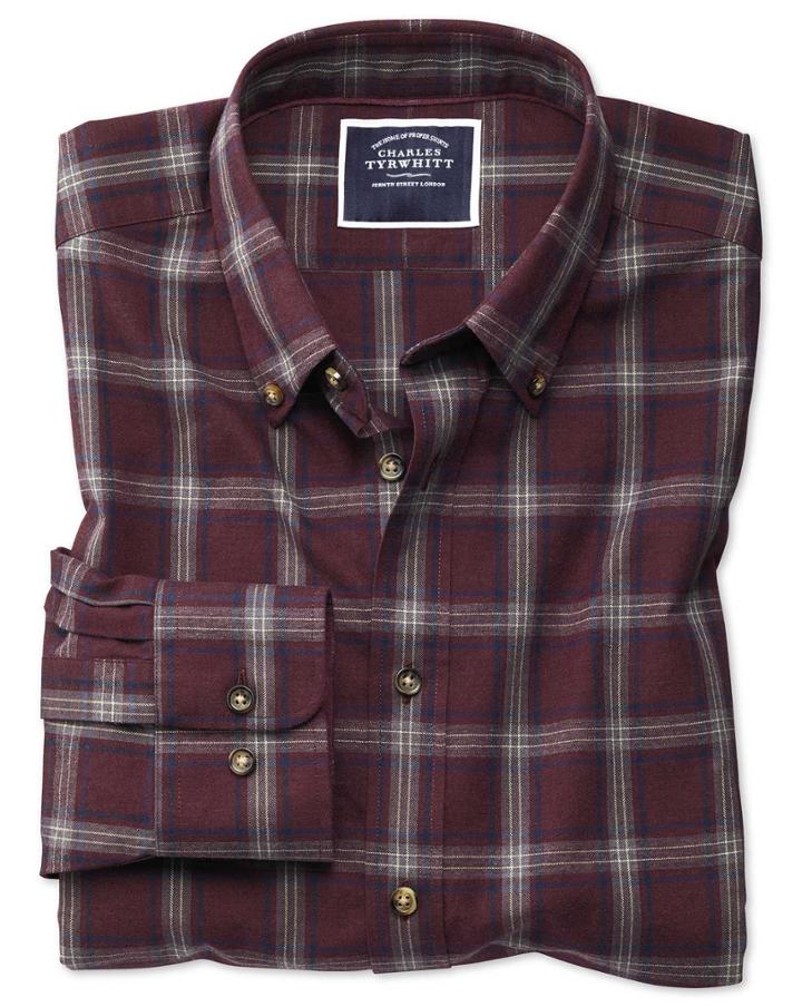  Extra Slim Fit Burgundy And Blue Check Herringbone Melange Cotton Casual Shirt Single Cuff Size Large By Charles Tyrwhitt