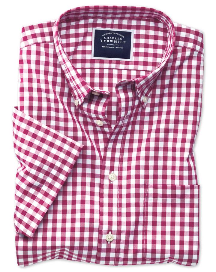 Charles Tyrwhitt Slim Fit Button-down Non-iron Poplin Short Sleeve Red Gingham Cotton Casual Shirt Single Cuff Size Large By Charles Tyrwhitt