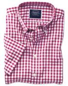 Charles Tyrwhitt Slim Fit Button-down Non-iron Poplin Short Sleeve Red Gingham Cotton Casual Shirt Single Cuff Size Large By Charles Tyrwhitt
