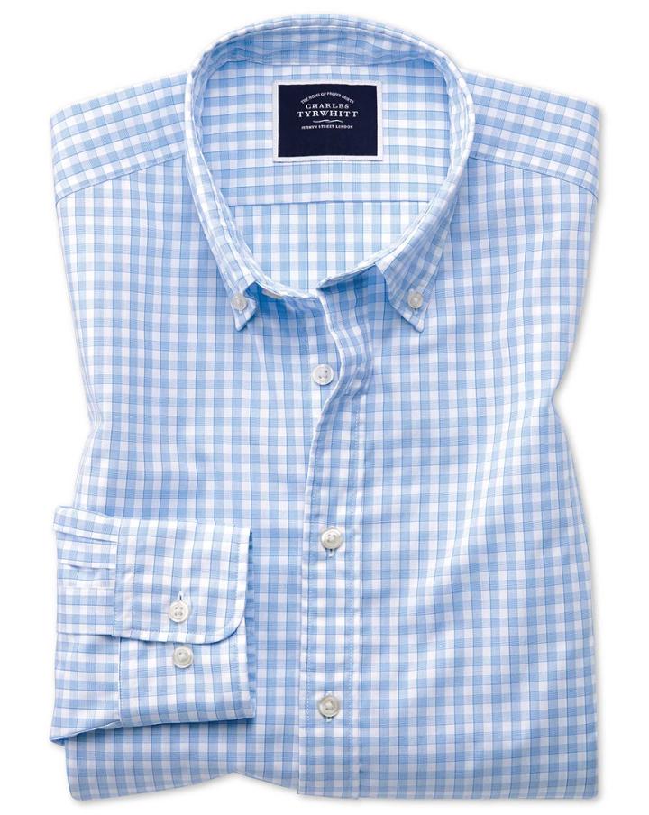  Extra Slim Fit Sky Blue Gingham Soft Washed Non-iron Tyrwhitt Cool Cotton Casual Shirt Single Cuff Size Large By Charles Tyrwhitt