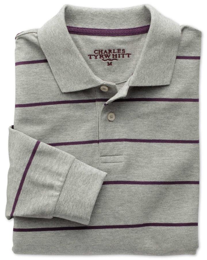 Charles Tyrwhitt Charles Tyrwhitt Grey And Purple Stripe Pique Long Sleeve Cotton Polo Size Xl