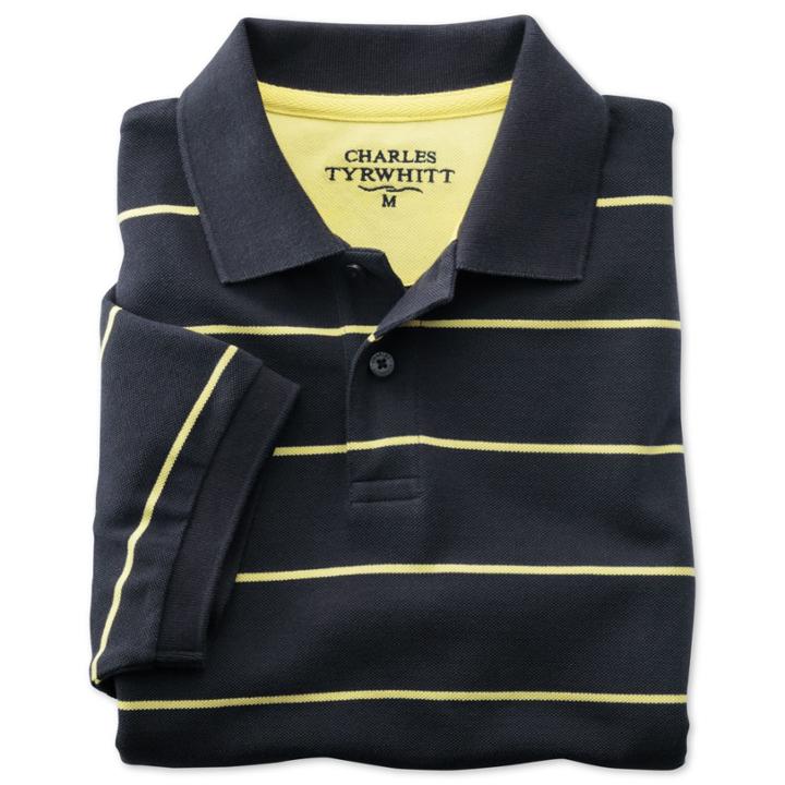 Charles Tyrwhitt Charles Tyrwhitt Navy And Lemon Short Sleeve Stripe Classic Fit Pique Polo (l)