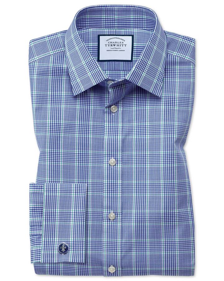 Charles Tyrwhitt Classic Fit Prince Of Wales Check Blue And Green Cotton Dress Shirt French Cuff Size 15/33 By Charles Tyrwhitt