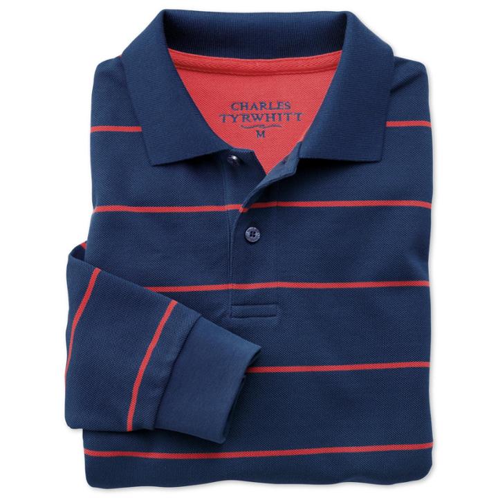 Charles Tyrwhitt Charles Tyrwhitt Light Navy And Salmon Long Sleeve Classic Fit Pique Polo (l)