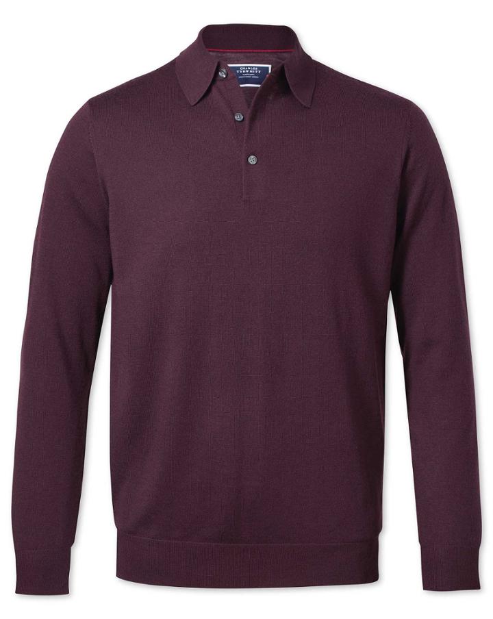  Wine Wool Polo Collar Merino Sweater Size Large By Charles Tyrwhitt