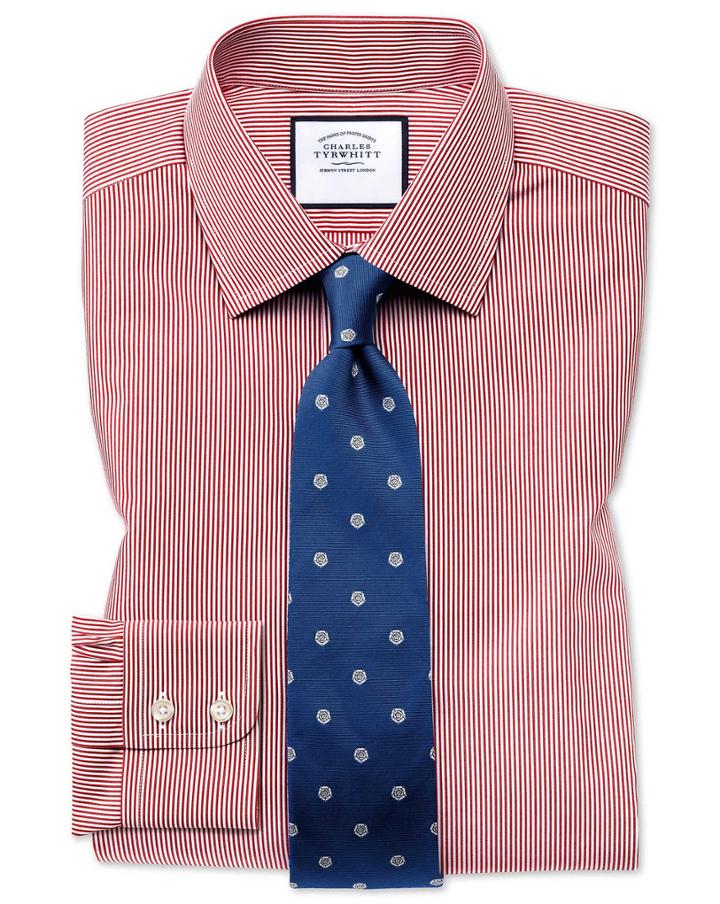  Slim Fit Non-iron Bengal Stripe Red Cotton Dress Shirt French Cuff Size 15/33 By Charles Tyrwhitt
