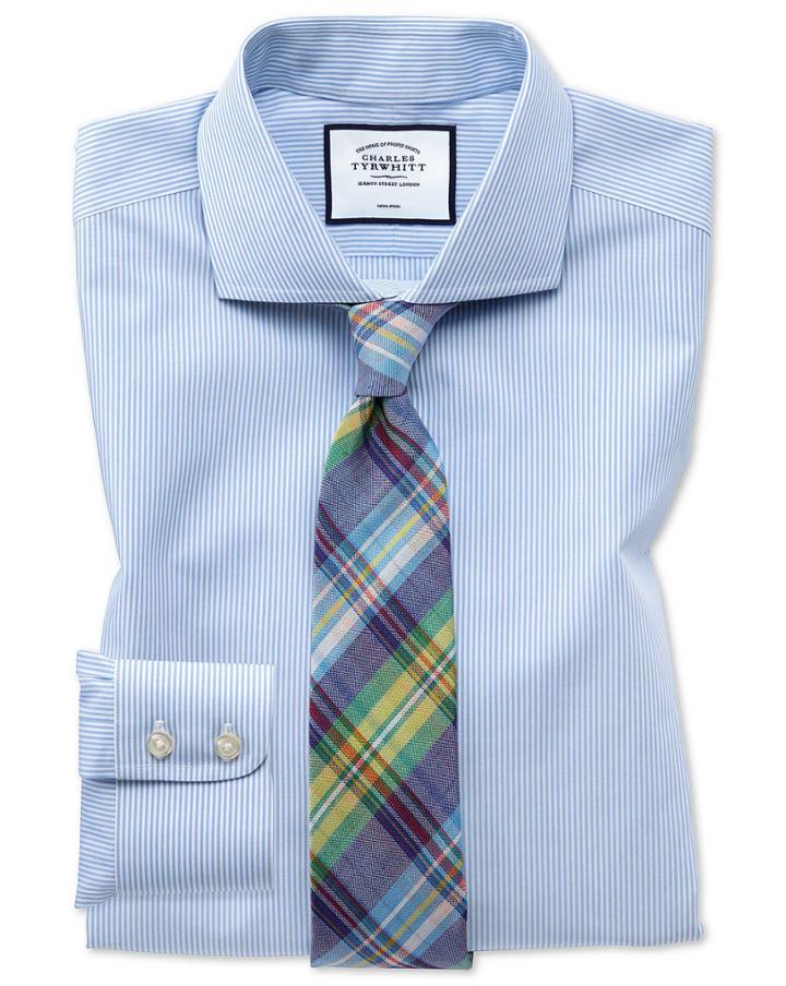  Slim Fit Non-iron Spread Collar Sky Blue Bengal Stripe Cotton Dress Shirt Single Cuff Size 14.5/32 By Charles Tyrwhitt