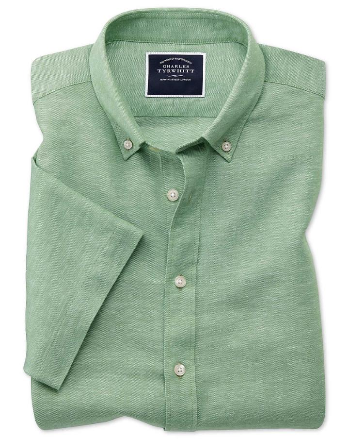  Classic Fit Green Cotton Linen Twill Short Sleeve Casual Shirt Single Cuff Size Large By Charles Tyrwhitt