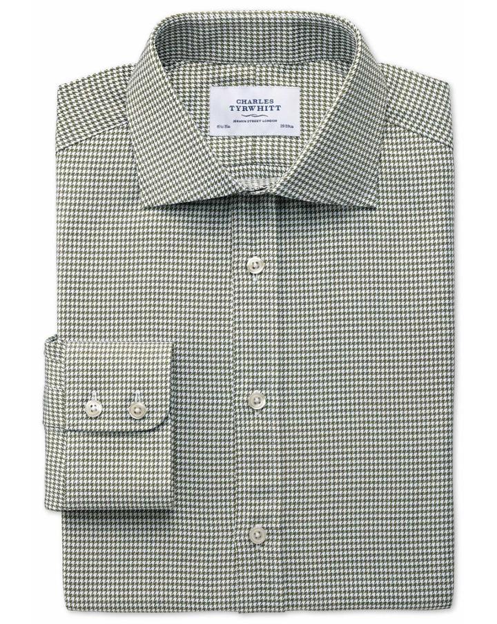 Charles Tyrwhitt Charles Tyrwhitt Slim Fit Semi-spread Collar Melange Puppytooth Khaki Cotton Dress Shirt Size 14.5/33
